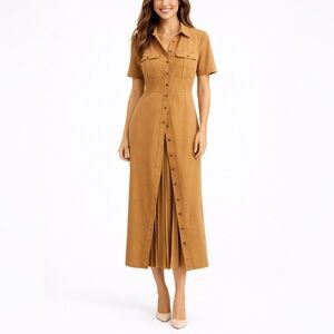 A.L.C. Caramel Shirt Dress Size 4 Pleated Midi Button Front Luxury Designer